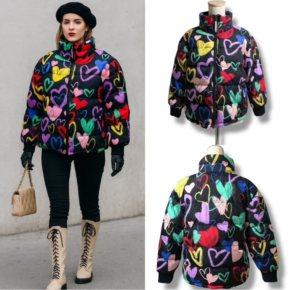 wild fable Jackets & Blazers - 278 Wild Fable | NWOT Women’s Black Heart Print Puffer Jacket (size M)